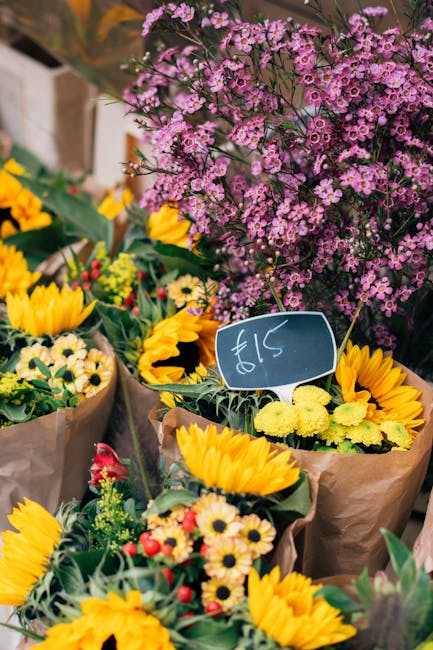 A vibrant display of freshly cut flowers arranged in paper wrapping, featuring bright yellow sunflowers, cheerful white daisies with yellow centers, and small red and yellow blooms. Behind the bouquet